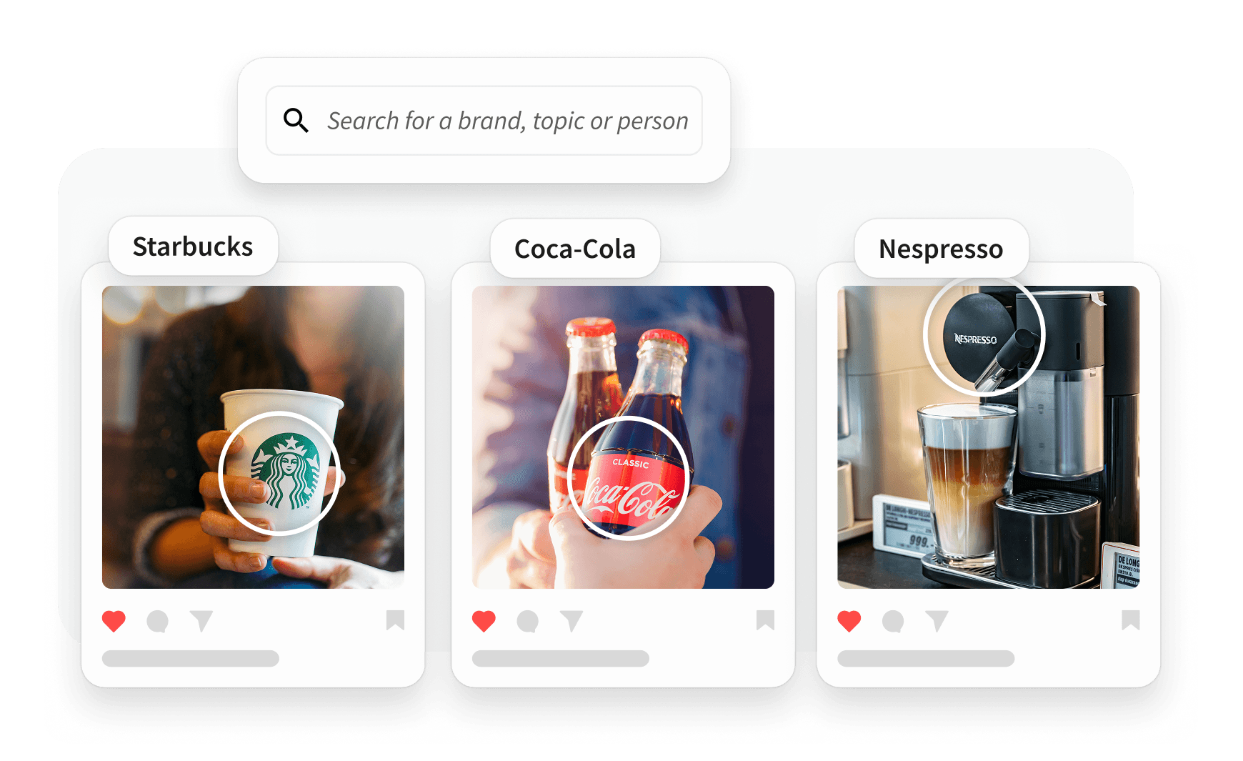 A brand search UI showing social posts for Starbucks, Coca-Cola, and Nespresso with logo detection highlights.