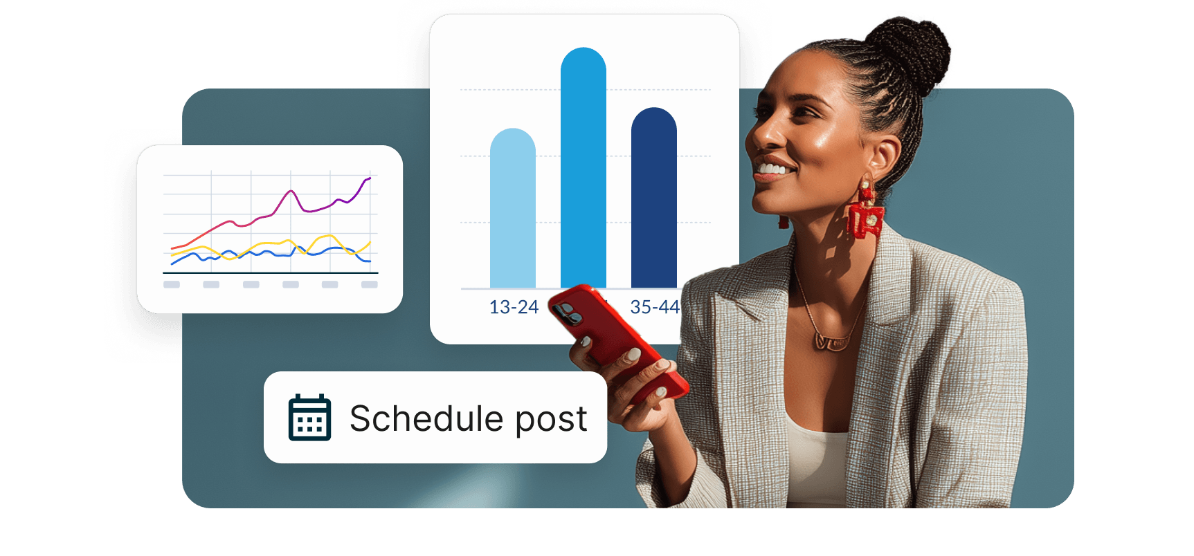 Professional in white blazer using phone next to analytics charts and schedule post interface with age group data visualization