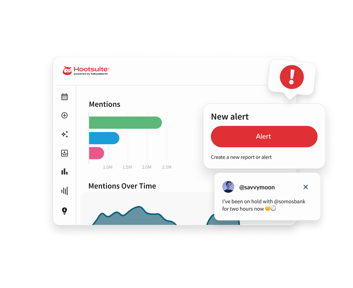 Hootsuite brand engagement dashboard showing performance metrics with colored bar graphs ranging from 37% to 64% and social media comments